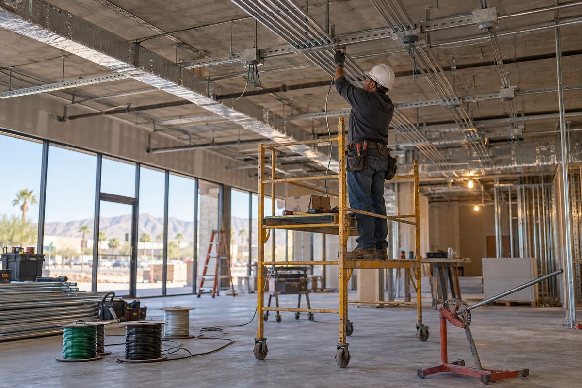 Electrician pulling wire through EMT conduit in an unfinished commercial suite in Mesa
