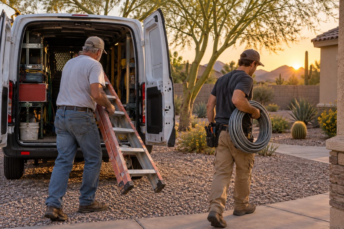 The Wire Guy Electric crew unloading a ladder and wire from their work van in a Mesa driveway