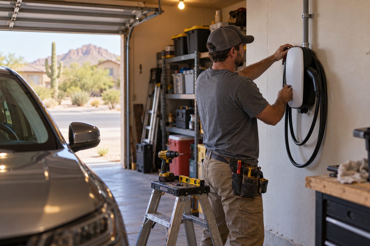 Electrician mounting a Level 2 EV charger on a garage wall with conduit run from the panel
