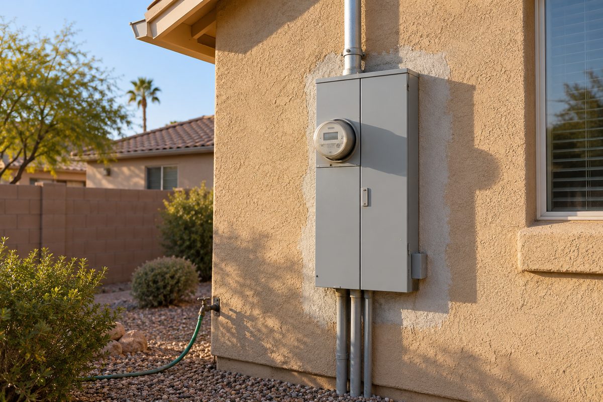 Newly installed meter-main panel on a stucco house wall with a fresh stucco patch around it