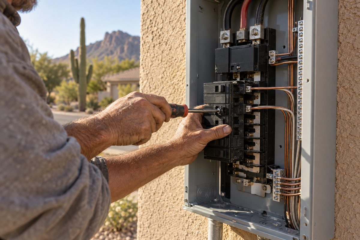 Electrician landing copper conductors on breakers in a new 200-amp panel on a stucco wall in Mesa