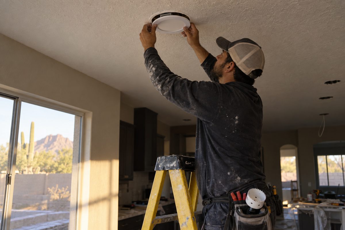 Electrician on a ladder fitting an LED recessed light into a drywall ceiling