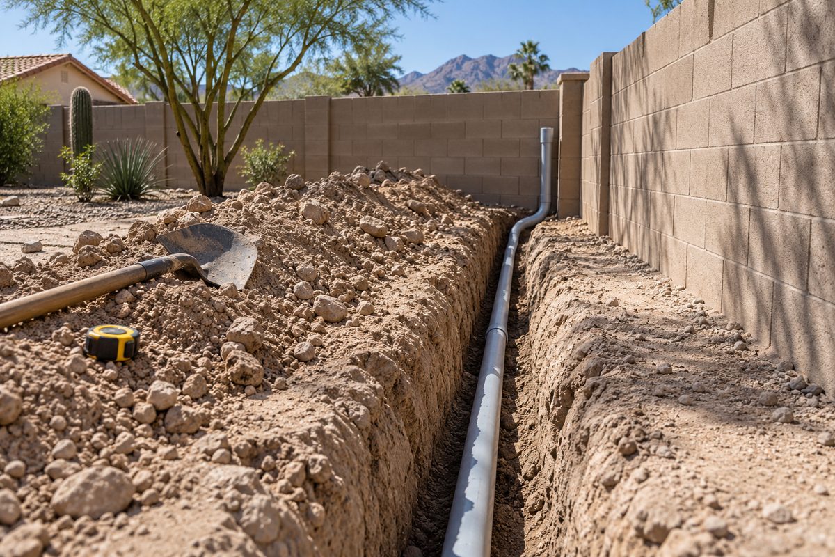 Trench in desert soil with PVC electrical conduit laid in the bottom for an underground feeder