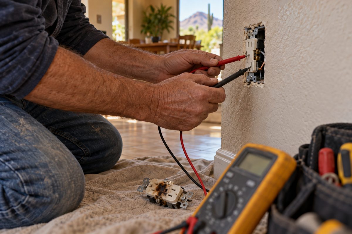 Electrician testing an outlet with a multimeter next to a scorched receptacle he removed